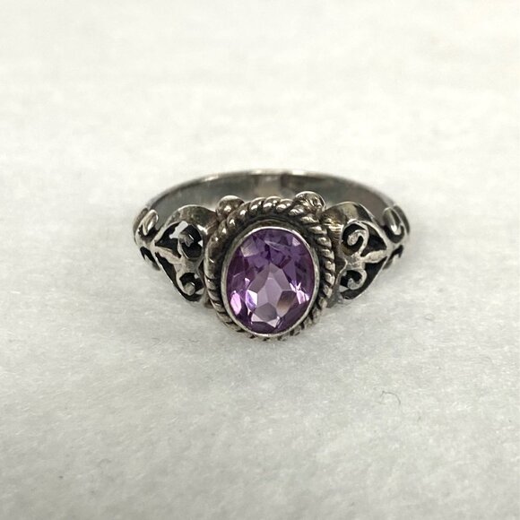Oxidized Sterling Silver 925 Oval Amethyst Scrollwork Openwork Ring Size 6.75 - Picture 11 of 16